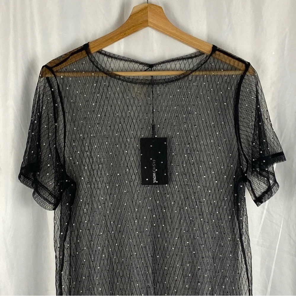 Fashion Nova Black Sheer Short Sleeve Dress with Silver Accents Size Medium - Picture 5 of 16